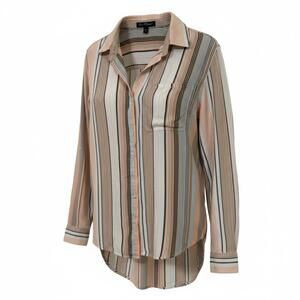 Velvet Heart Striped Button-Up Shirt Medium Cream Brown Casual Office Contempary